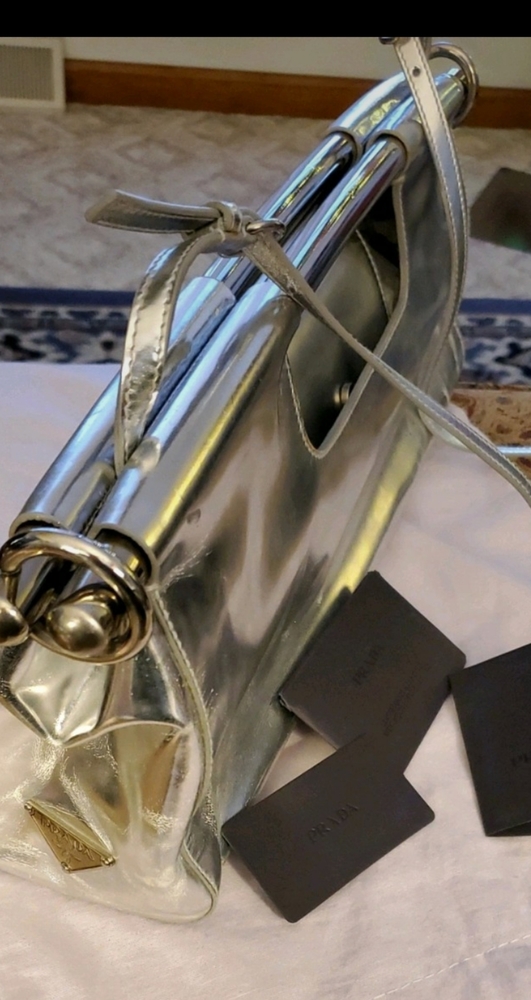 •PRADA Vitello Daino Bar in Silver· Authentic w Cards & Bag. - Picture 7 of 17